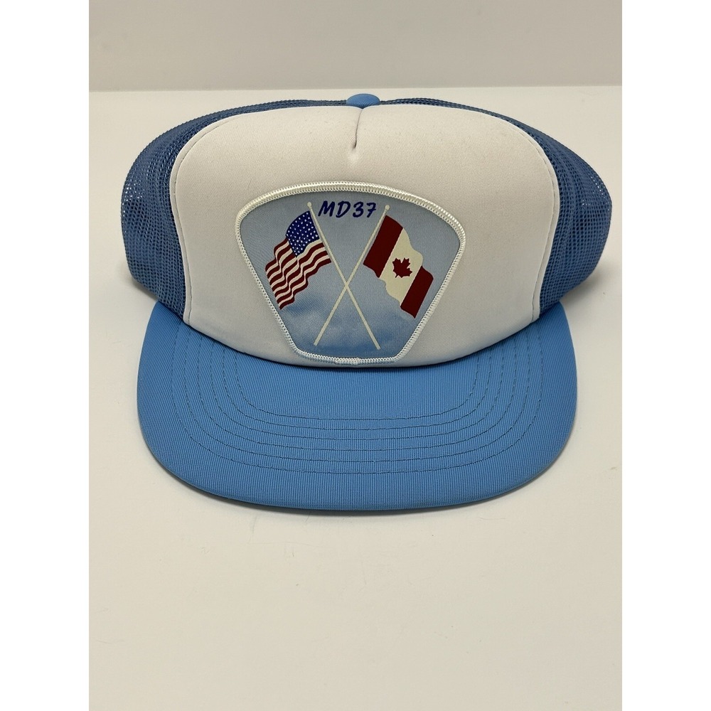 Vintage Trucker Hat USA Canada Flag Light Blue SnapBack Cap Ball Meshback